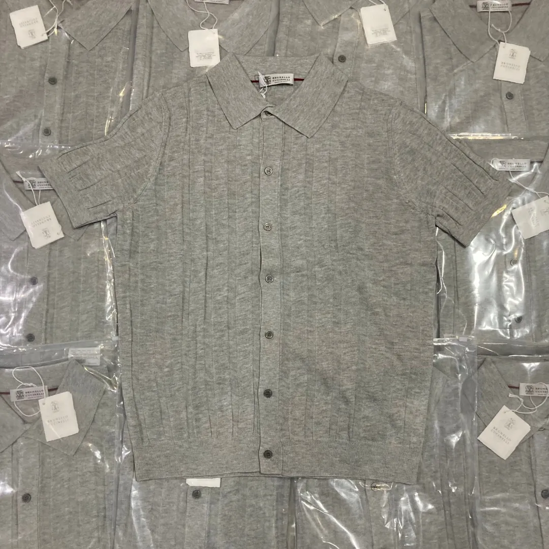 BRUNELLO CUCINELLI BC Light Gray Vertical Stripe Rib Knit Short Sleeve Cardigan Large Product Picture